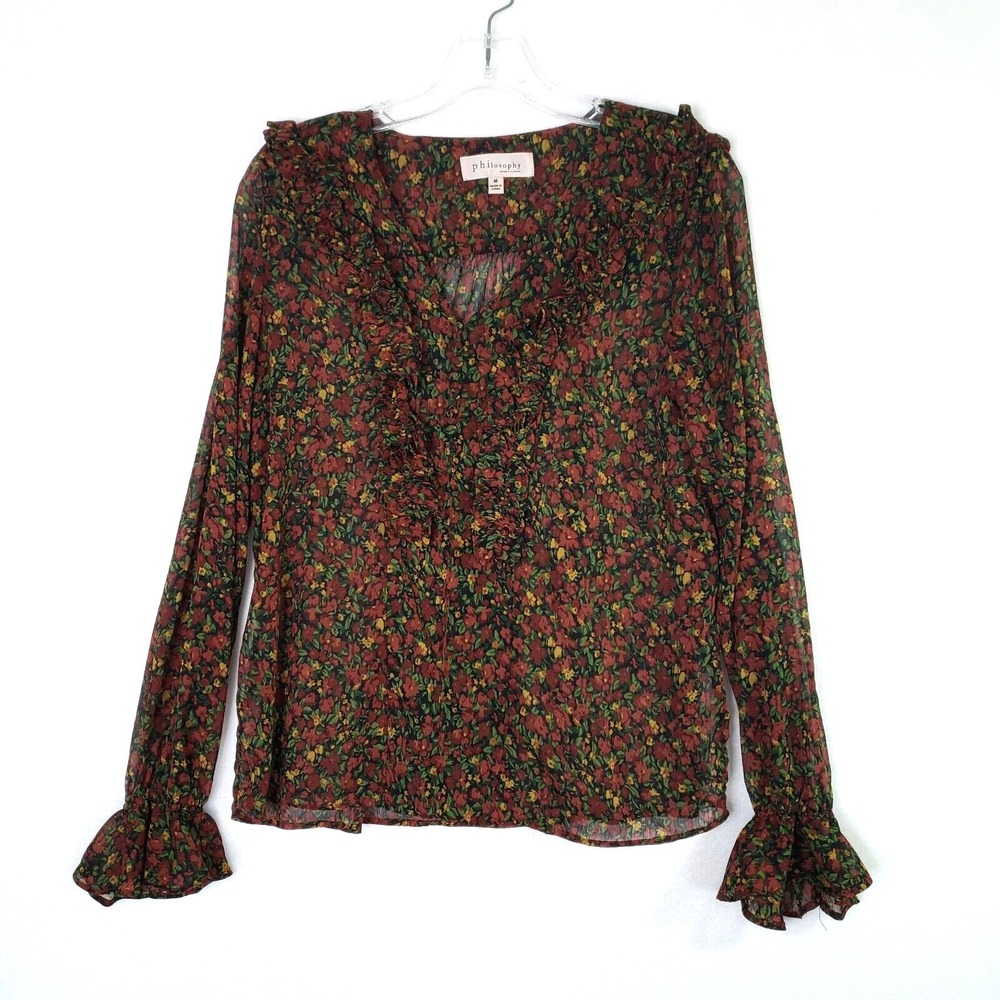 Philosophy Blouse Womens Medium‎ Floral Ruffle Sheer Long Sleeve Top Fall Colors